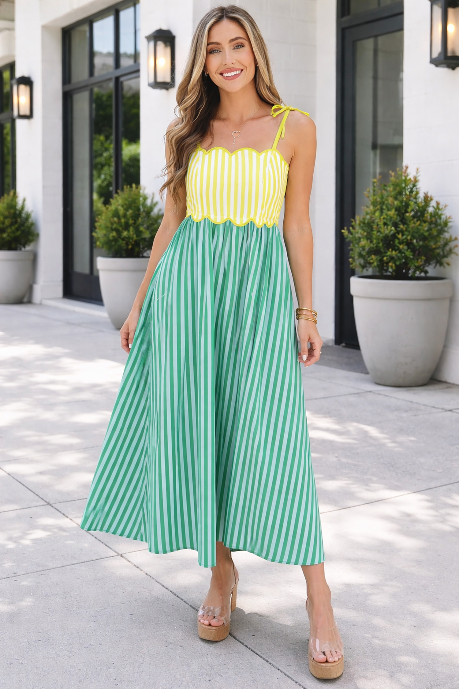 Raelyn Knot Strap Midi Dress: Striped Cotton A-Line Summer Dress