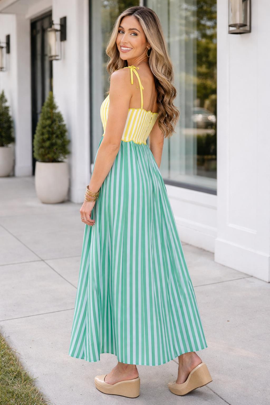 Raelyn Knot Strap Midi Dress: Striped Cotton A-Line Summer Dress