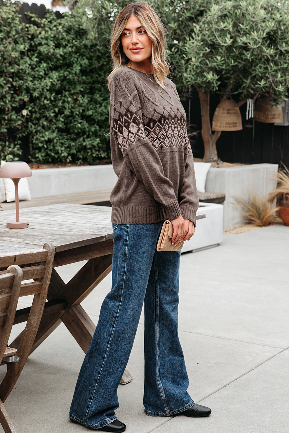Alana Western Geometric Patterned Crew Neck Knitted Sweater