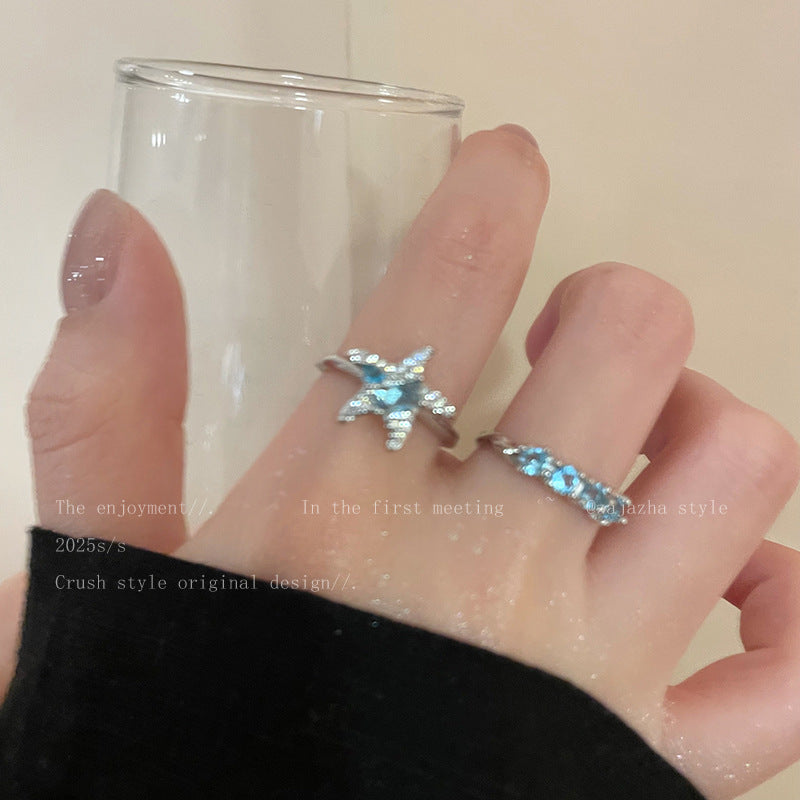 Blue Star Zircon Ring For Women, Luxury Niche High-End Index Finger Ring, Fashion Stackable Adjustable Band