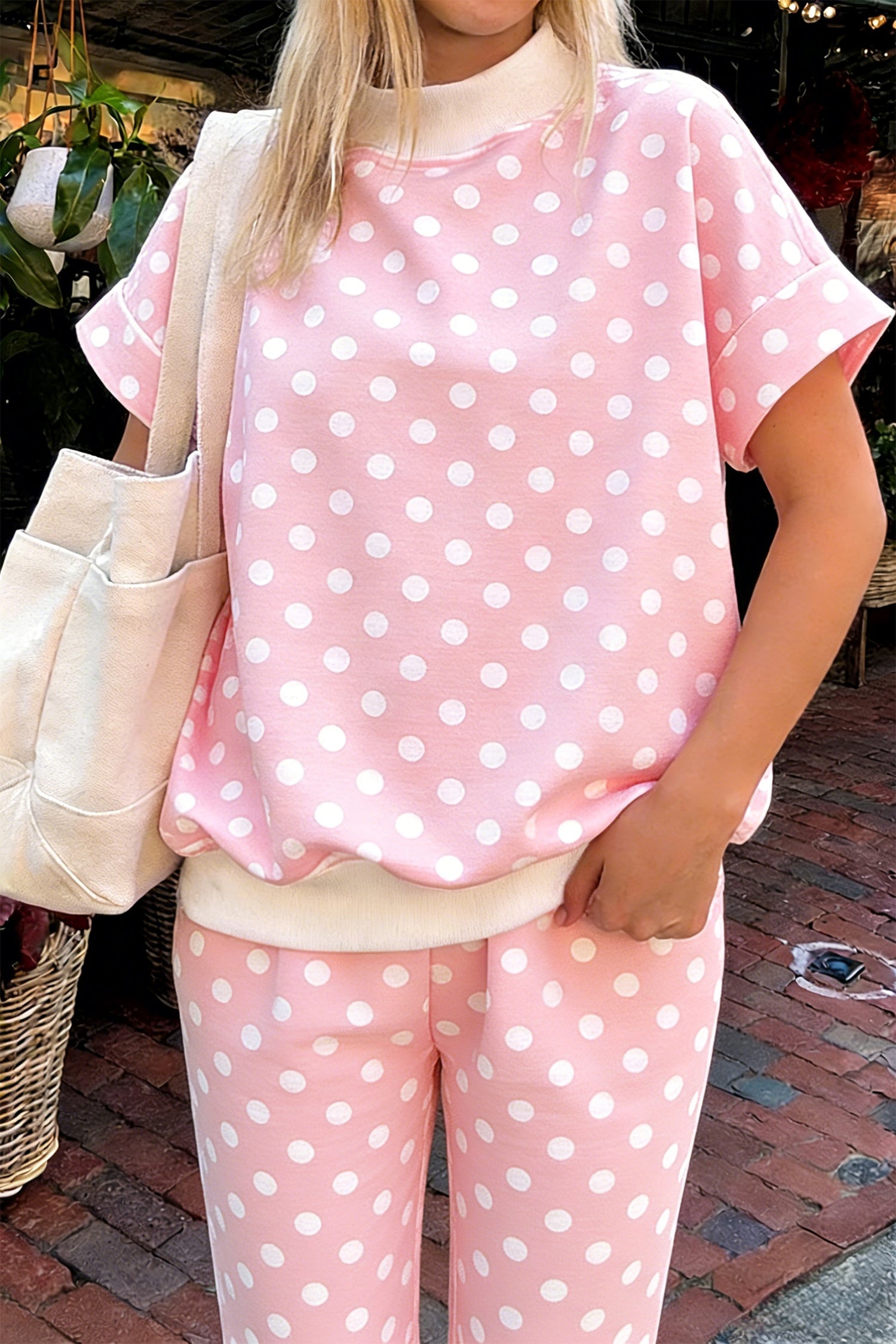 Pink Polka Dot Print Mock Neck Short Sleeve Shift Pant Set