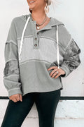 Gray Waffle Patchwork Drawstring Hooded Long Sleeve Top