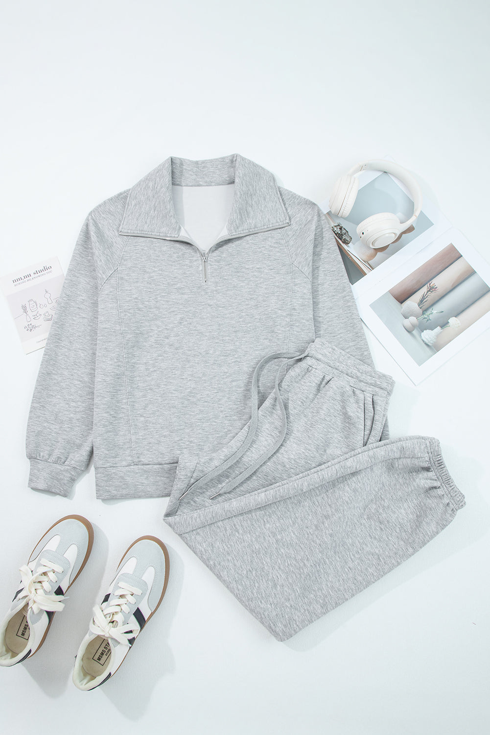 Solid Quarter-Zip Top and Drawstring Pants Set