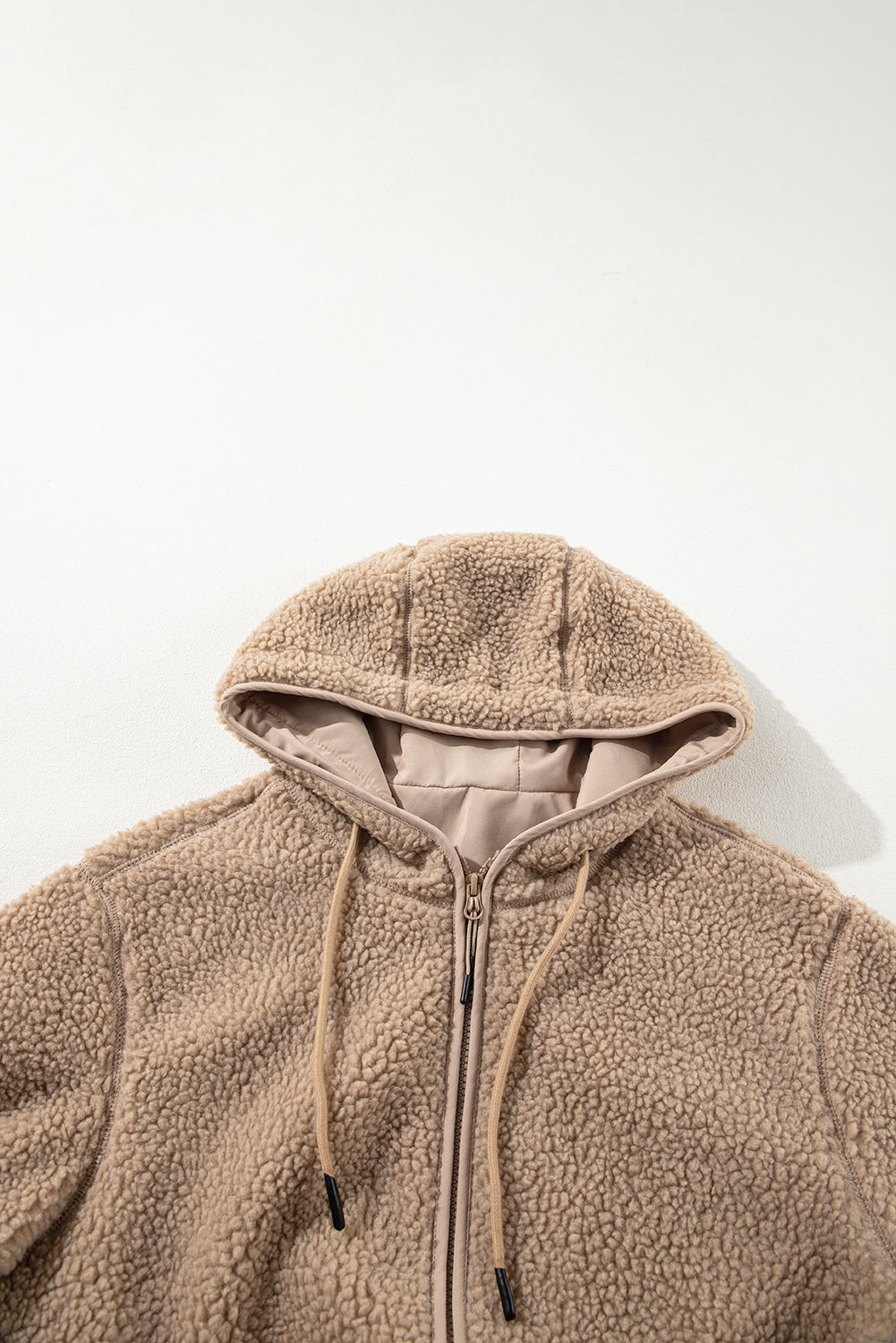 Women's Solid Fleece Zip-Up Hooded Jacket with Drawstring Pockets