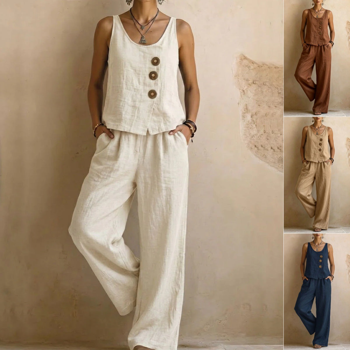 Women's Cotton Linen Sleeveless Tank Top and Wide Leg Pants Set