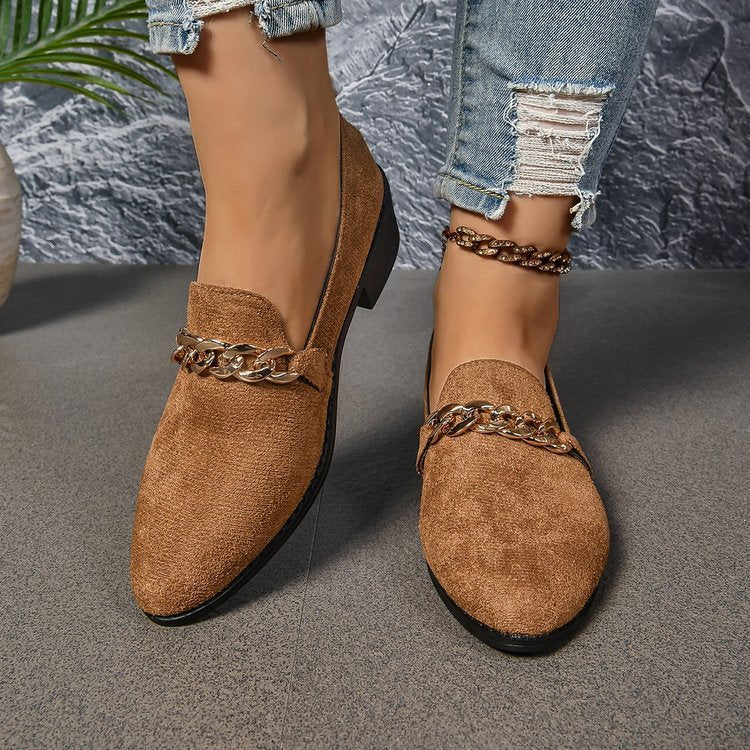 Women’s Pointed Toe Chunky Block Heel Loafers with Chain Detail