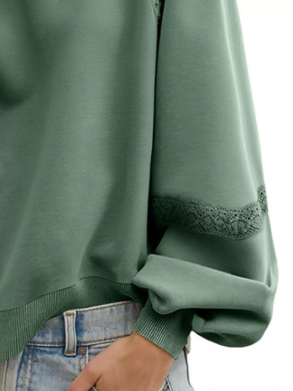 Lace Detail Notched Long Sleeve Sweatshirt