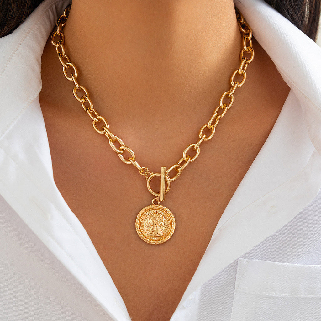 Retro Geometric Figure Embossed Necklace Women's Simple Double Layer Metal Chain Necklace Chain European And American Cross-border New Jewelry