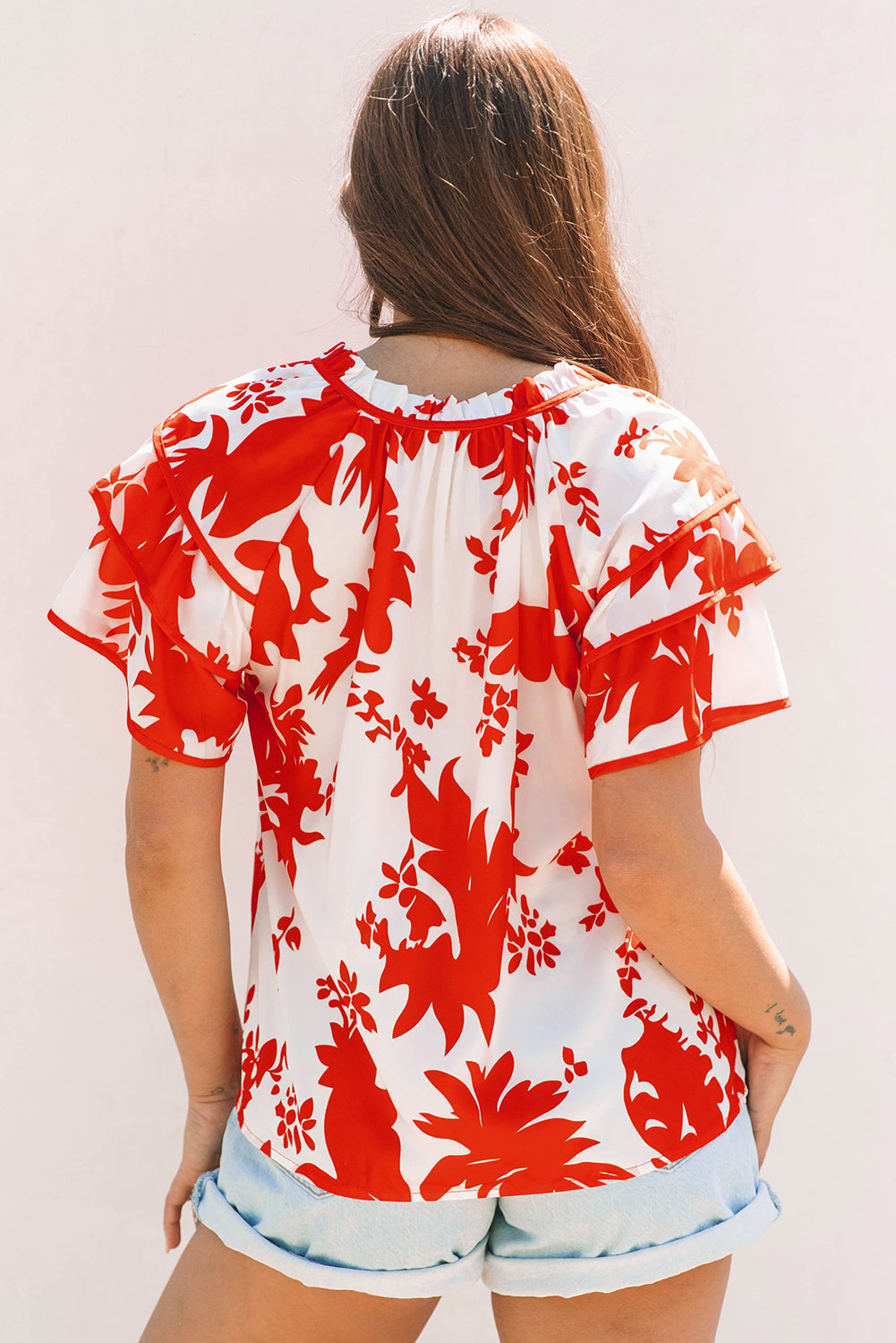 Zoya Tiered Ruffled Sleeve V Neck Blouse in Red Floral Print
