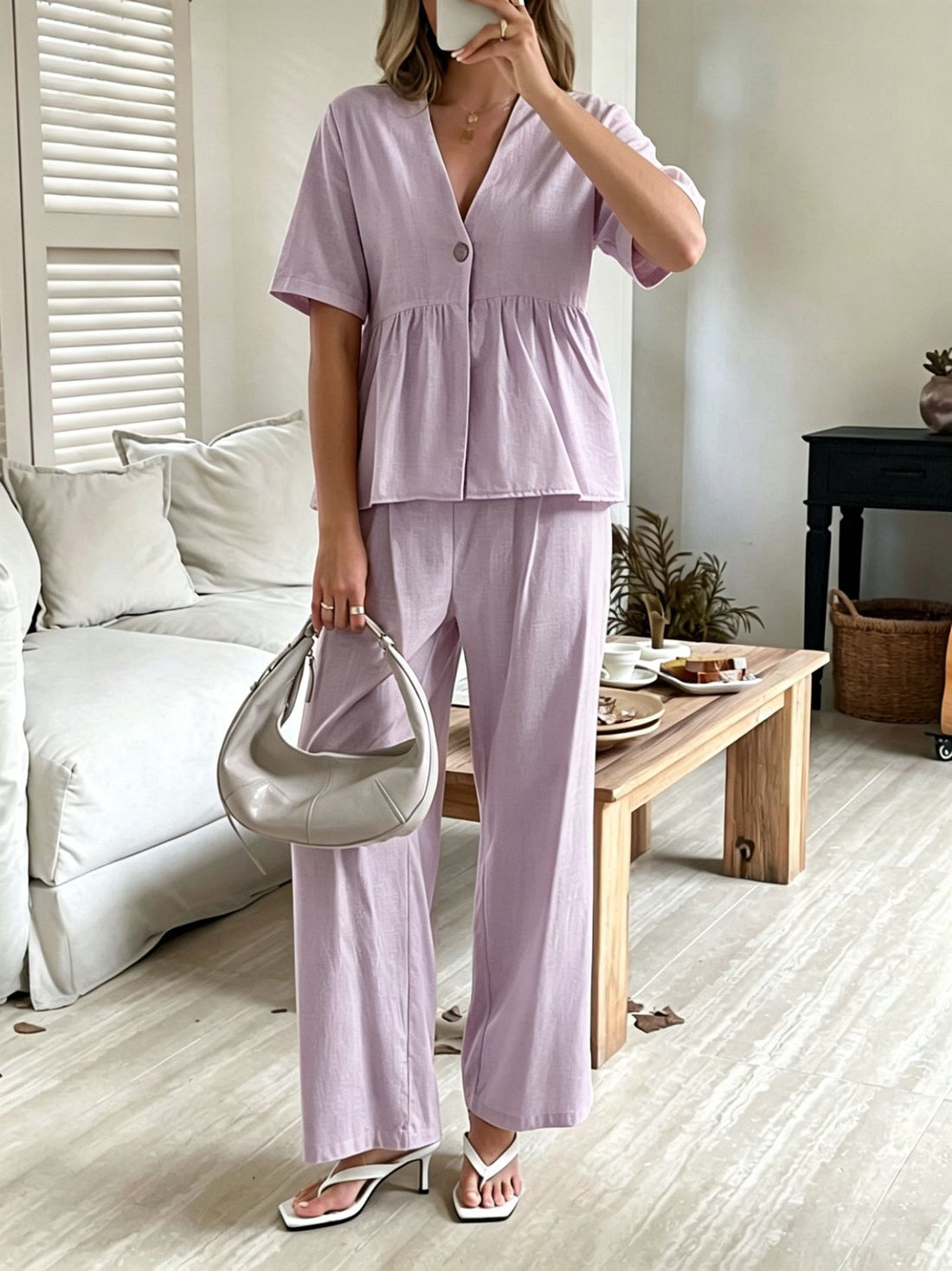 Women's V-Neck Peplum Top and Wide-Leg Pants Two Piece Set - Image 9