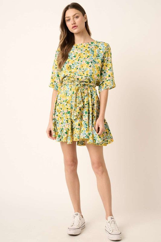 Floral Tie Waist Mini Dress - Half Sleeve Bohemian Summer Dress