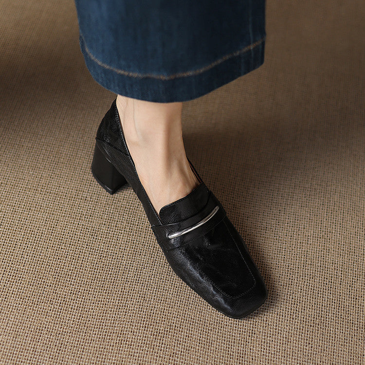 Women's Sheepskin Leather Square Toe Chunky Heel Loafer Pumps - Image 3