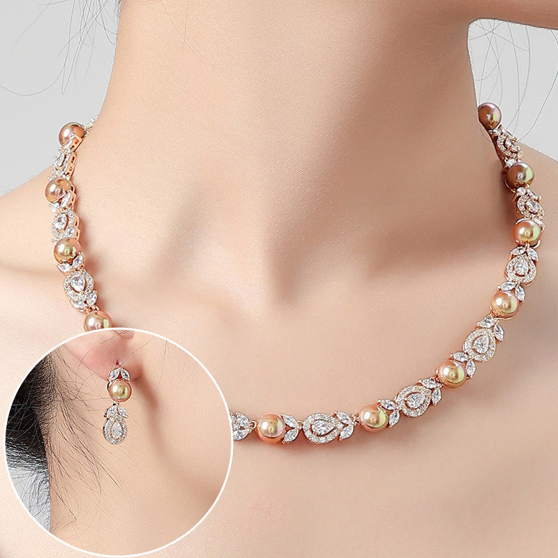 Korean Wedding Luxury Pearl Necklace Earrings Suit Full Diamond AAA Zircon Banquet Exquisite Accessories Bridal Jewelry