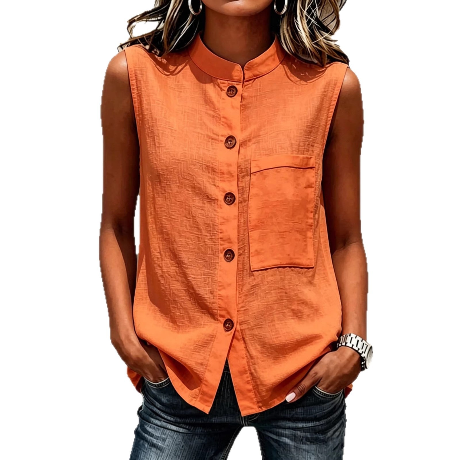 Women's Sleeveless Button-Down Blouse with Chest Pocket - Image 2