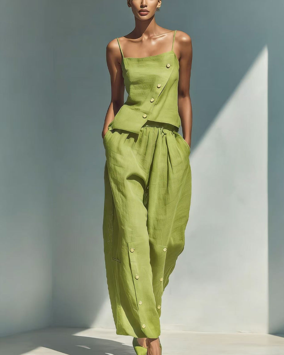 Women's Asymmetrical Button Camisole and Wide Leg Pant Set - Image 8
