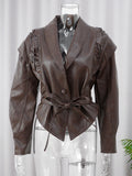 PU Leather Strap-Up Short Jacket – V-Neck Long Sleeve Streetwear