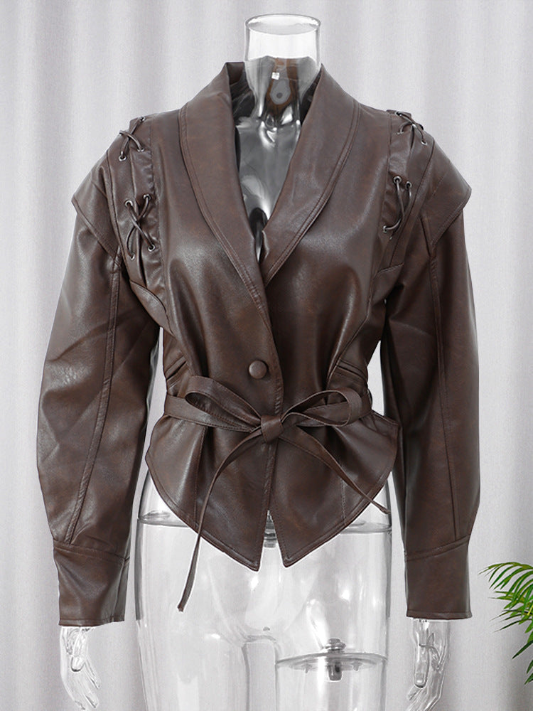 PU Leather Strap-Up Short Jacket – V-Neck Long Sleeve Streetwear