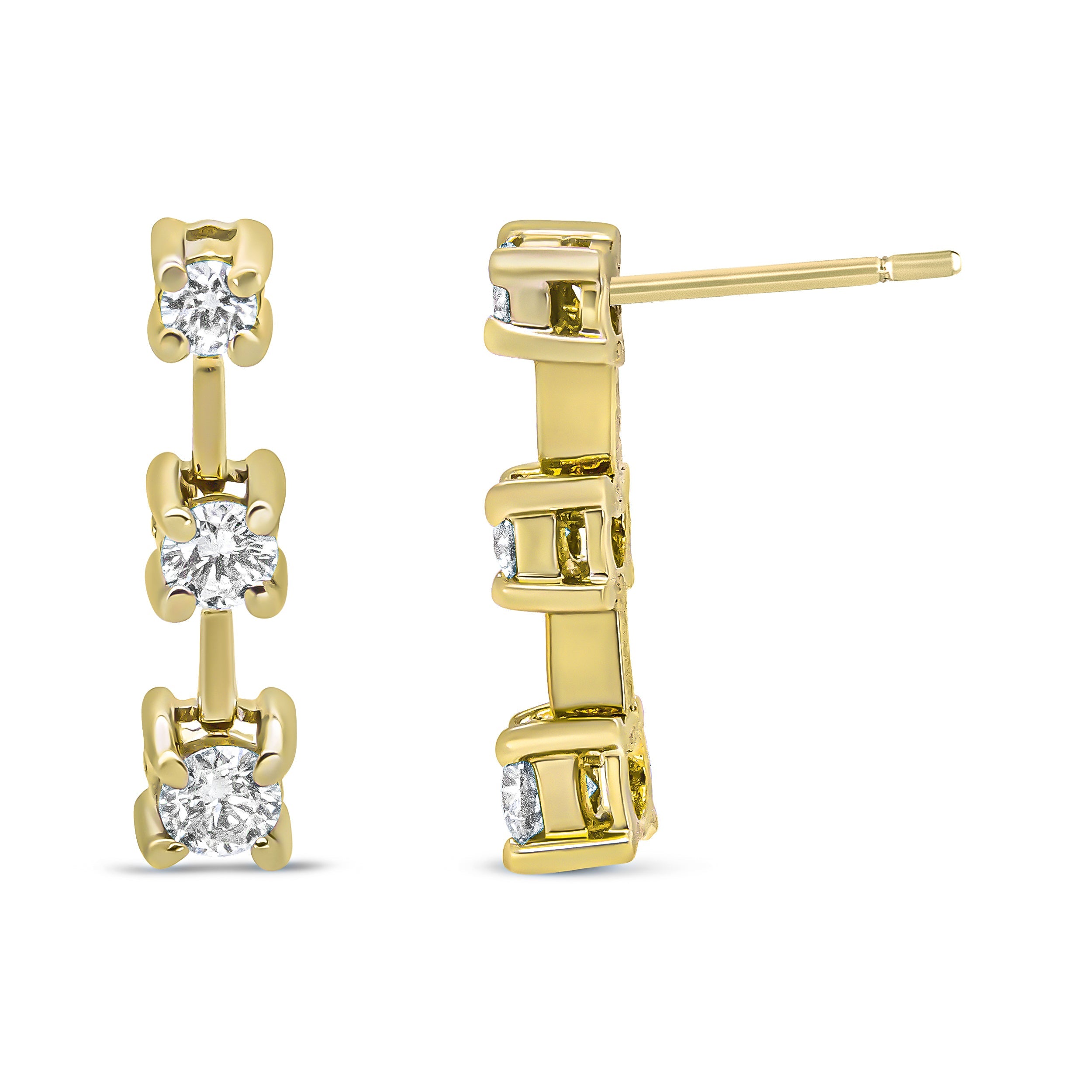 14K Yellow Gold 1/2 Cttw Round Diamond 3 Stone Graduated Linear Drop Past, Present and Future Stud Earrings (H-I Color, SI1-SI2 Clarity)