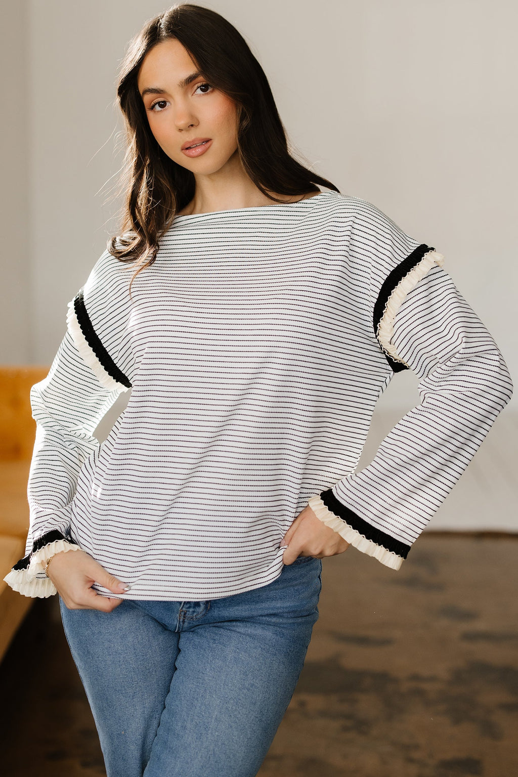Women's Striped Long Sleeve Knit Top with Ruffle Trim