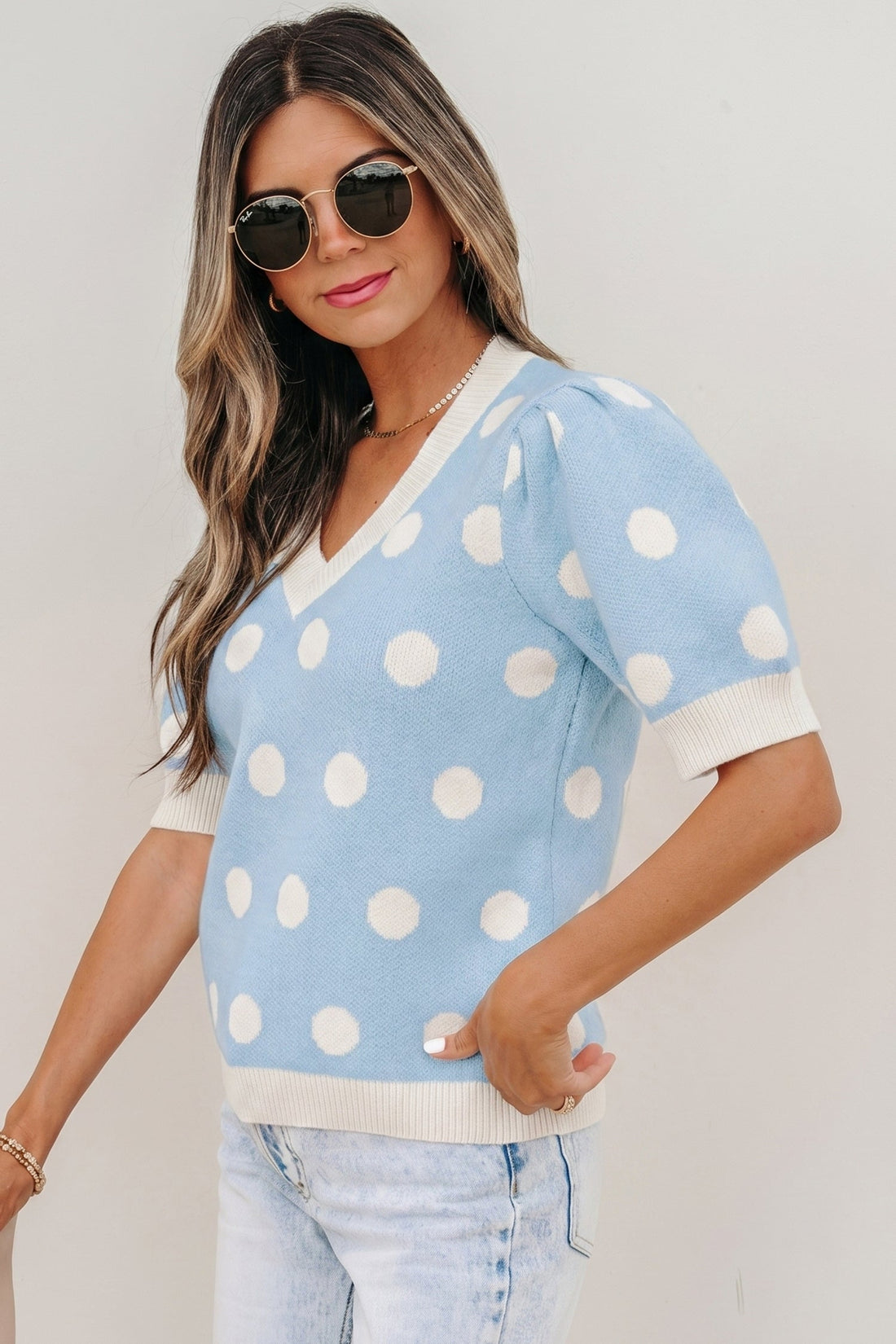 Rivka Puff Short Sleeve Sweater – Polka Dot V-Neck Knit Top