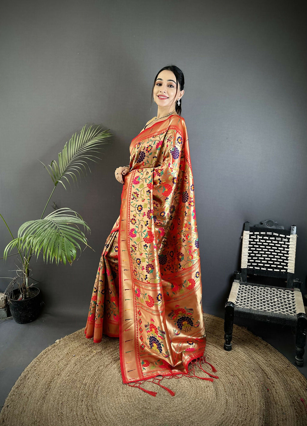 Crimson Red Intricate Floral Soft Silk Paithani Saree