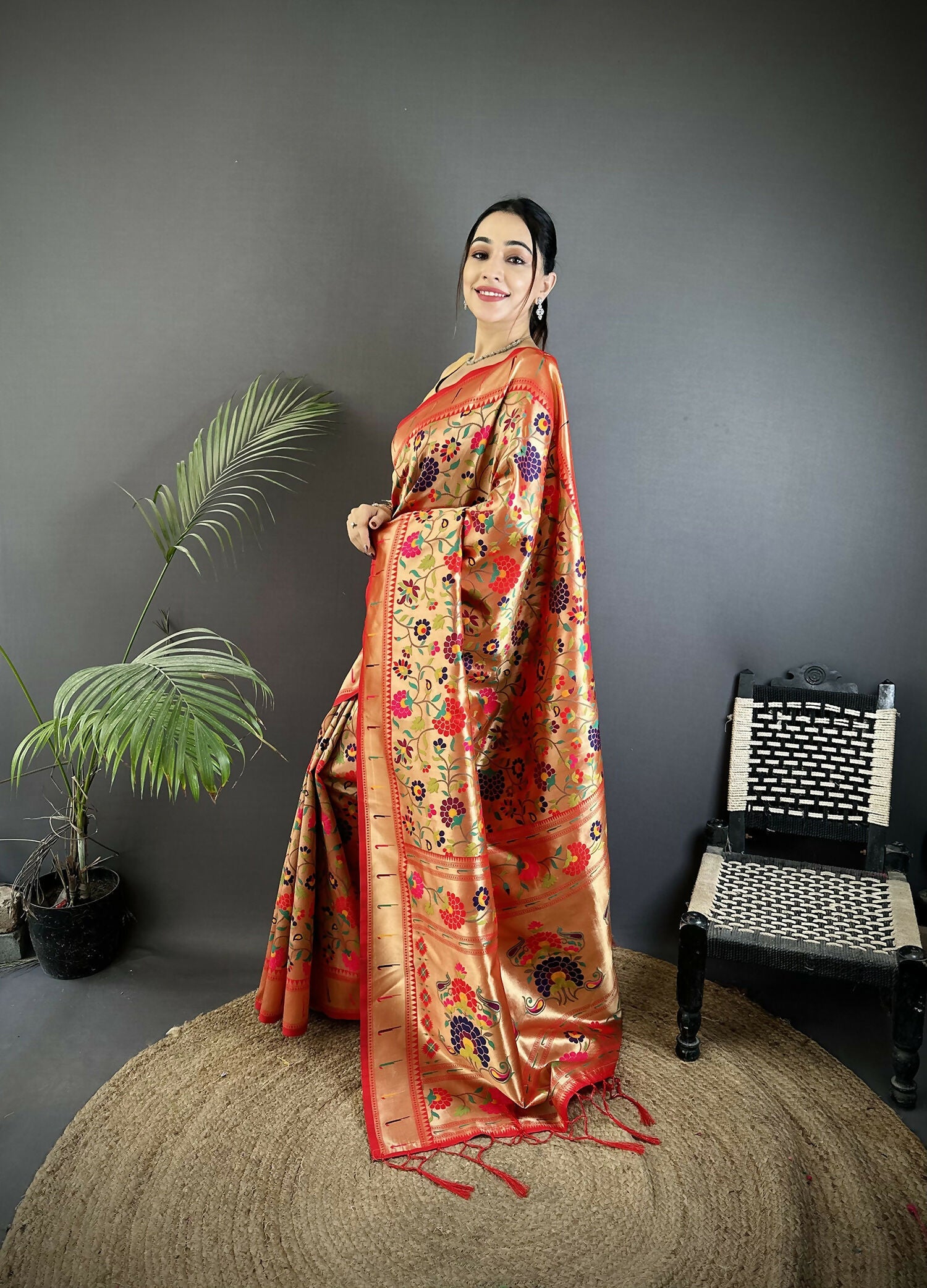 Crimson Red Intricate Floral Soft Silk Paithani Saree