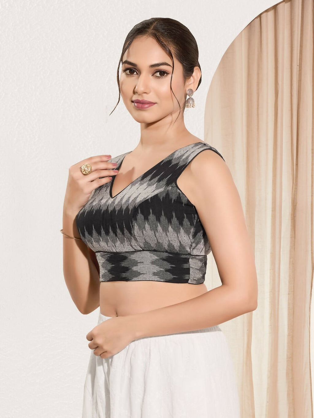 Black Ikat Silk Sleeveless Padded Blouse with V Neck