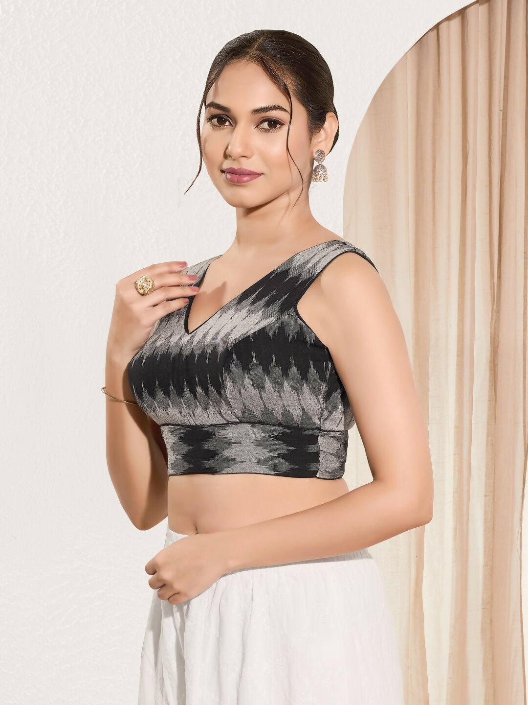 Black Ikat Silk Sleeveless Padded Blouse with V Neck