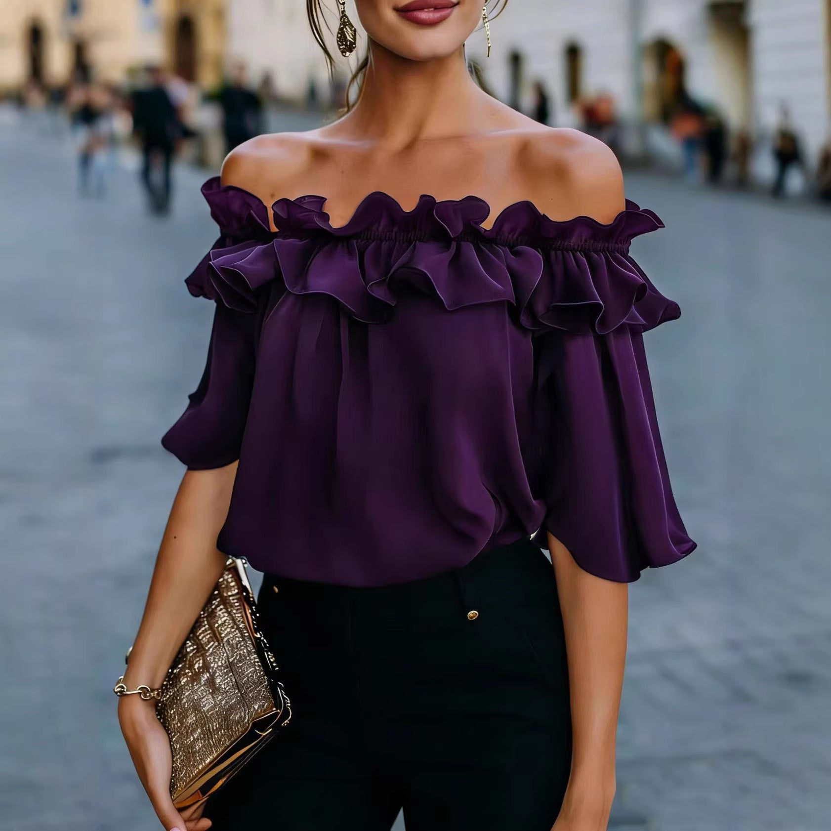 Women's Off-Shoulder Ruffle Blouse Loose Fit Casual Top - Image 3