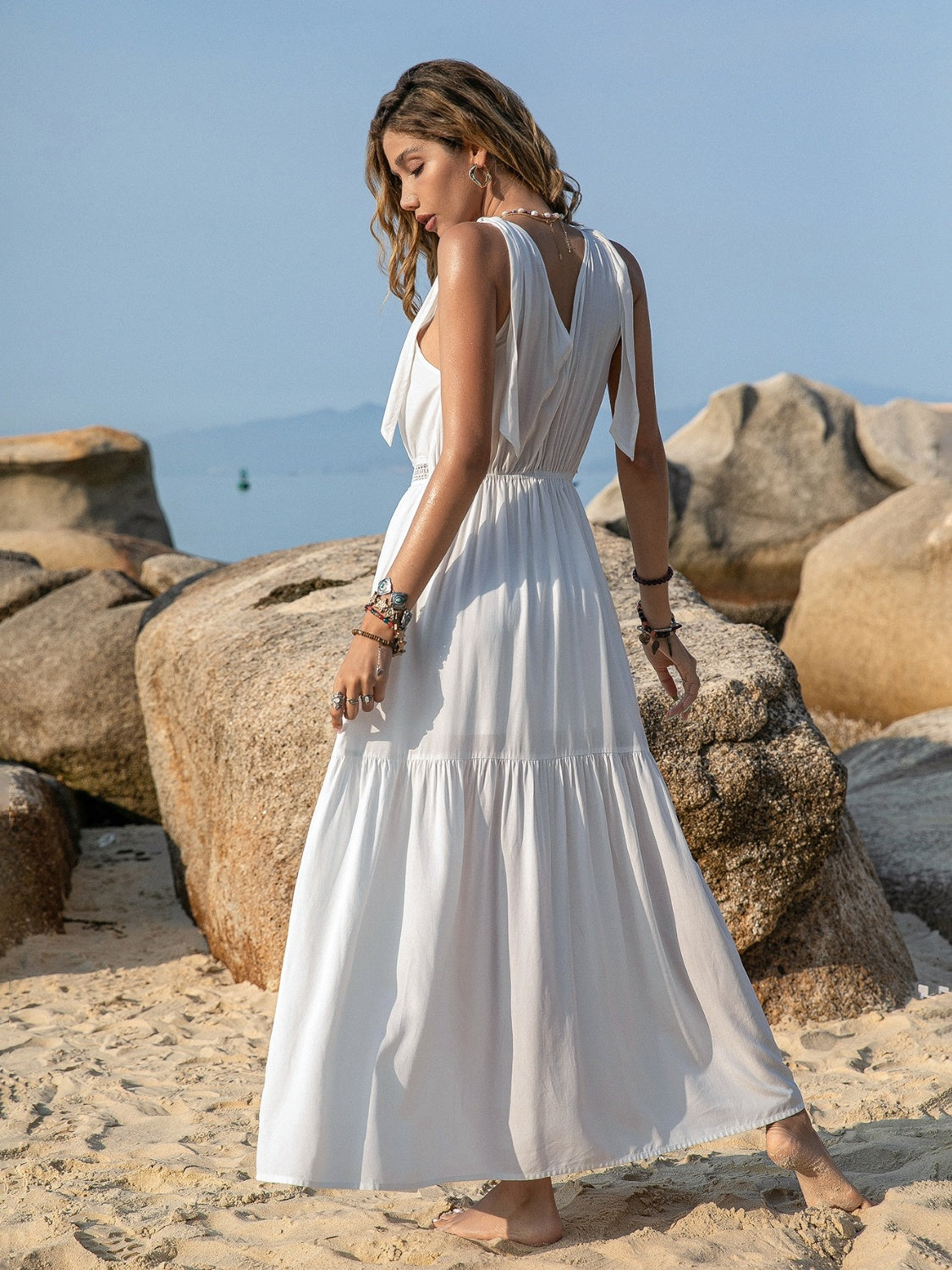 V-Neck Tie Shoulder Maxi Dress Flowy Summer Beachwear