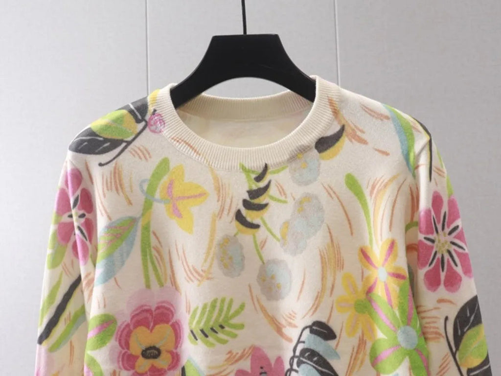 Women's Floral Knit Sweater Long Sleeve Jumper Cream Pink - Image 2