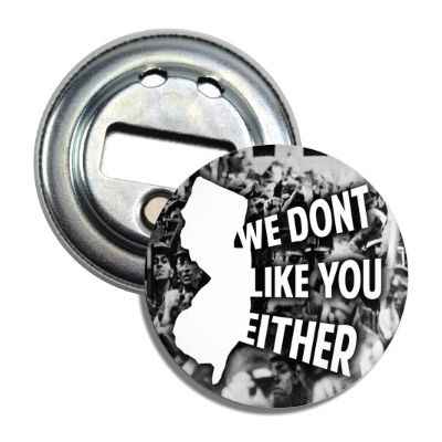 Monochromatic Mutual Feelings magnetic bottle opener with black and white text on silver background
