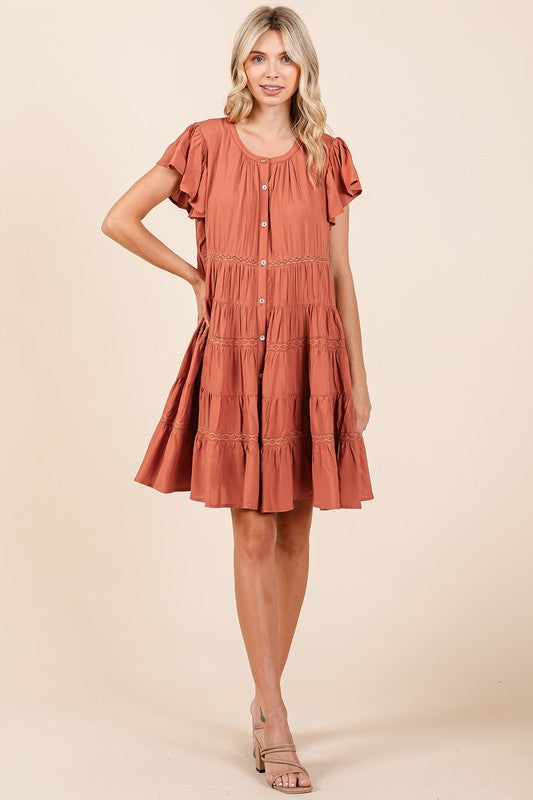 Lace Detail Ruffled Tiered Button Down Dress in Rust