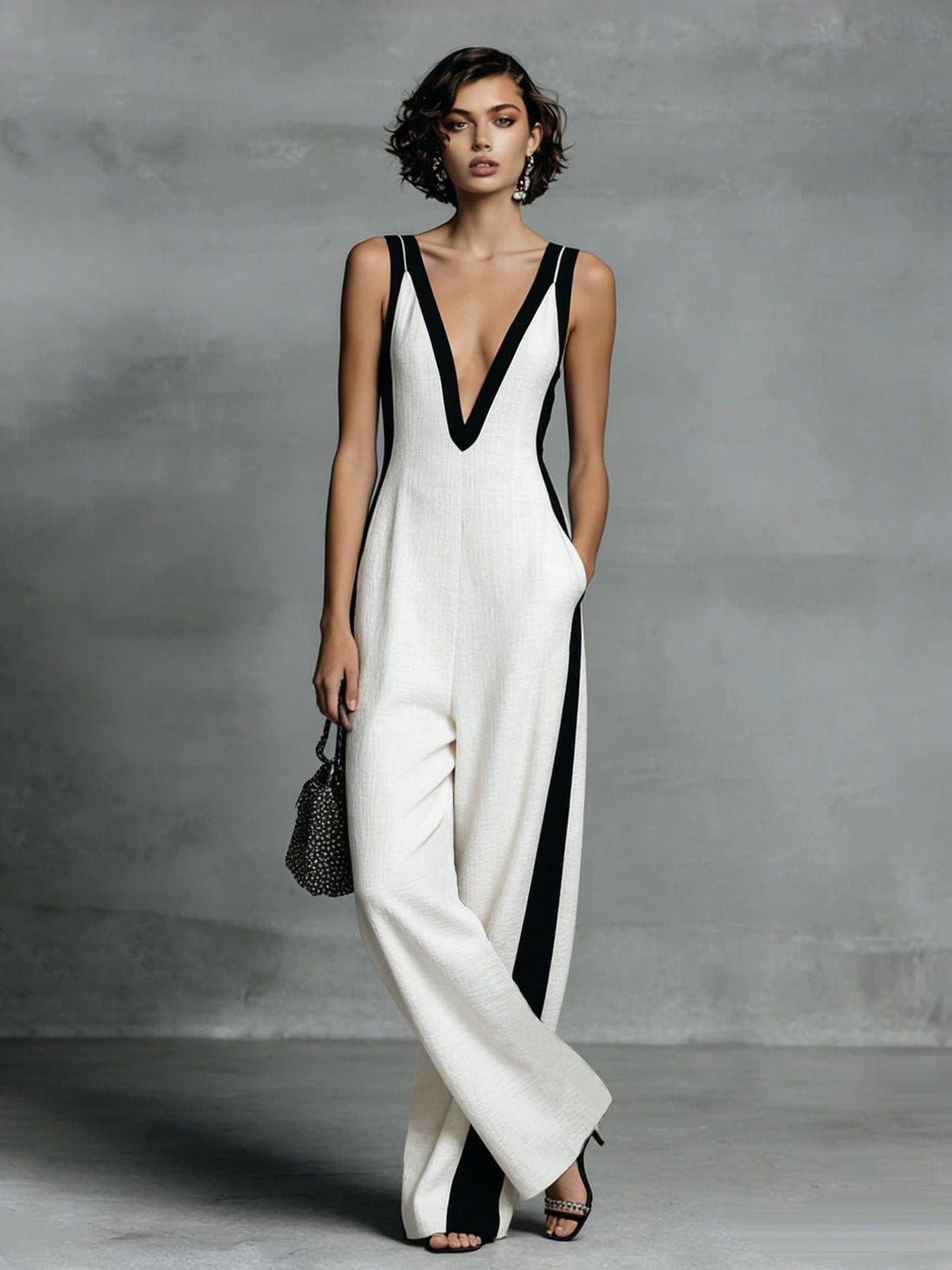 Women's Color-Block Sleeveless V-Neck Wide-Leg Jumpsuit – French Style Long Pants