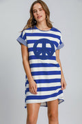 Royal blue and white striped mini dress with peace sign applique