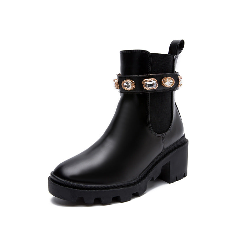 Stylish Women's Chunky Rhinestone Ankle Boots with Elastic Sides - Image 5