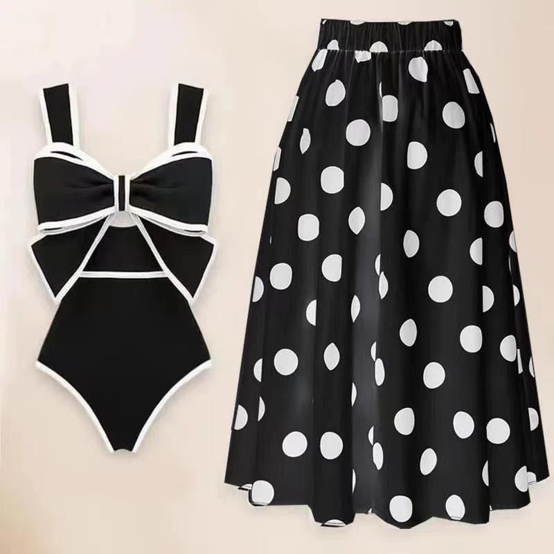 Women's Retro Polka Dot Sleeveless A-Line Midi Swimwear Skirt Suit