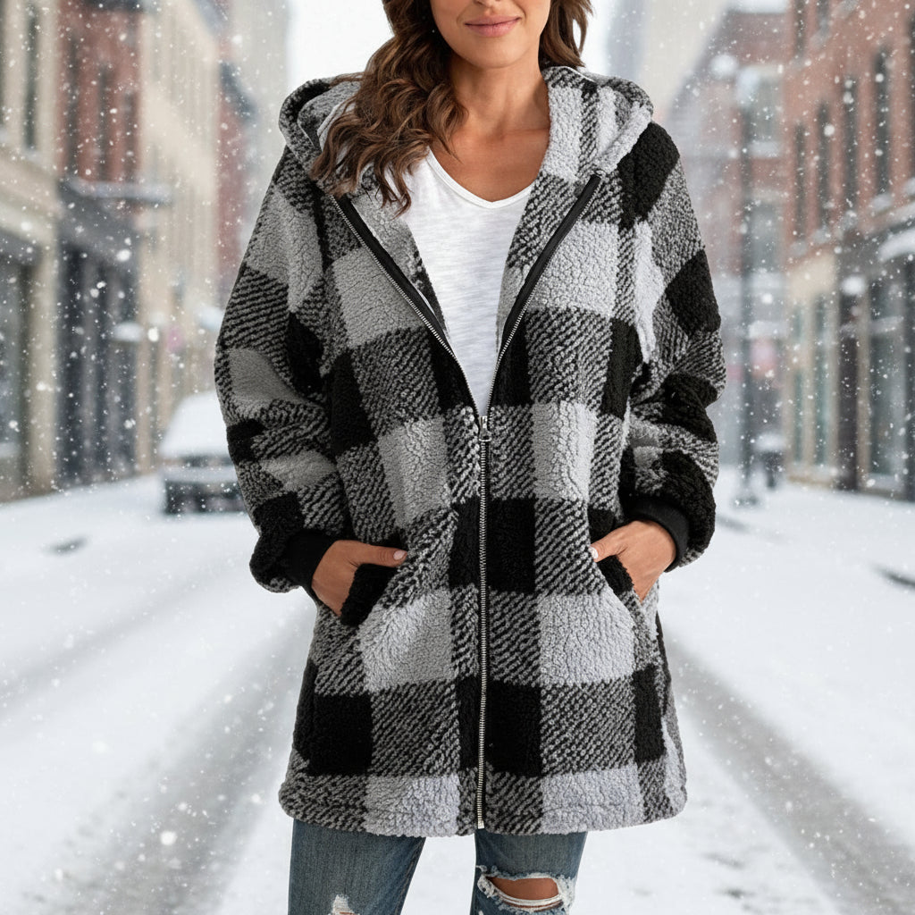 Women's Plaid Hooded Zip-Up Fleece Jacket Oversized Winter Coat - Image 10