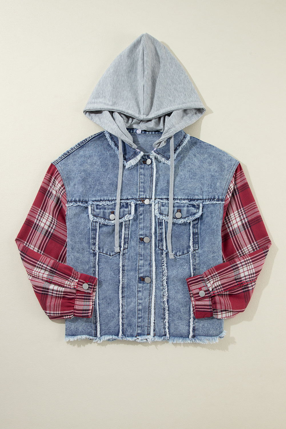Plaid Patchwork Hooded Denim Jacket with Distressed Hem