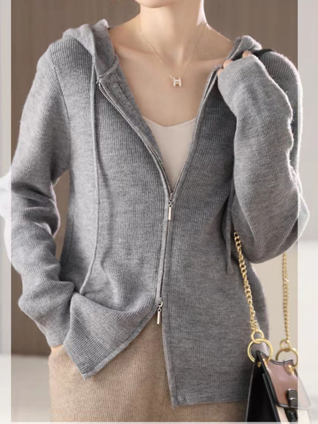 Women's Brown Long Sleeve Zip Up Knit Hoodie with Drawstring - Image 6