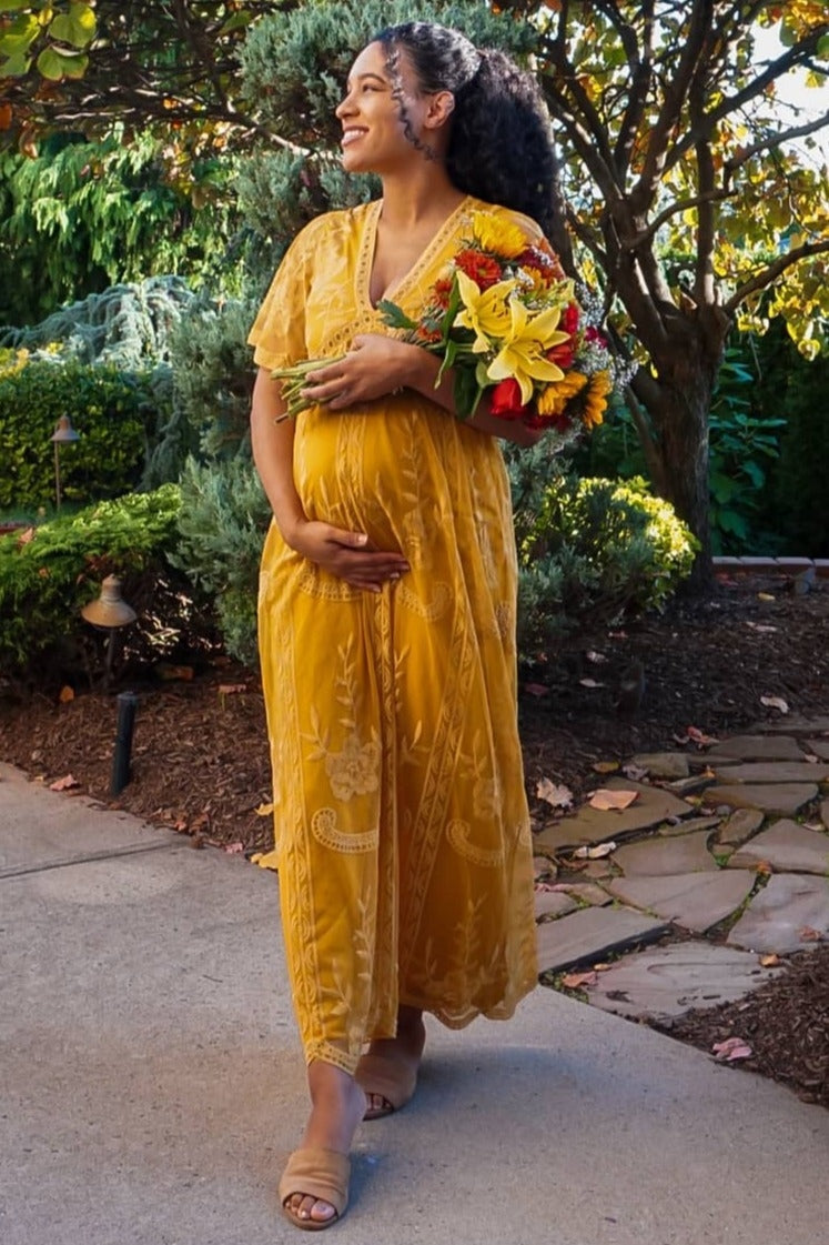 PinkBlush Mustard Lace Mesh Overlay Maternity Maxi Dress