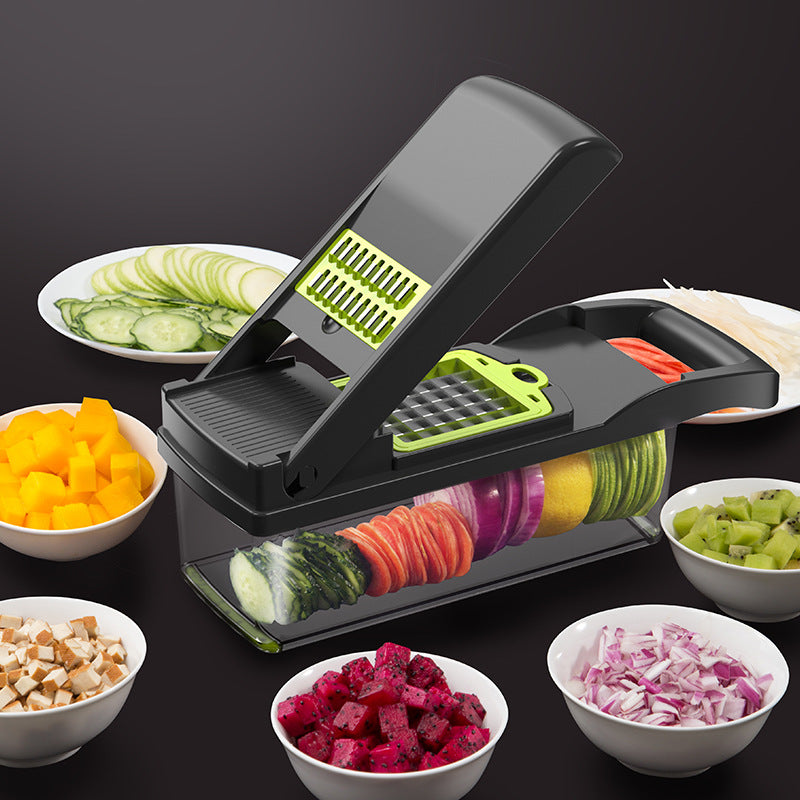 Modern multifunctional vegetable cutter in lime green, black, and teal plastic