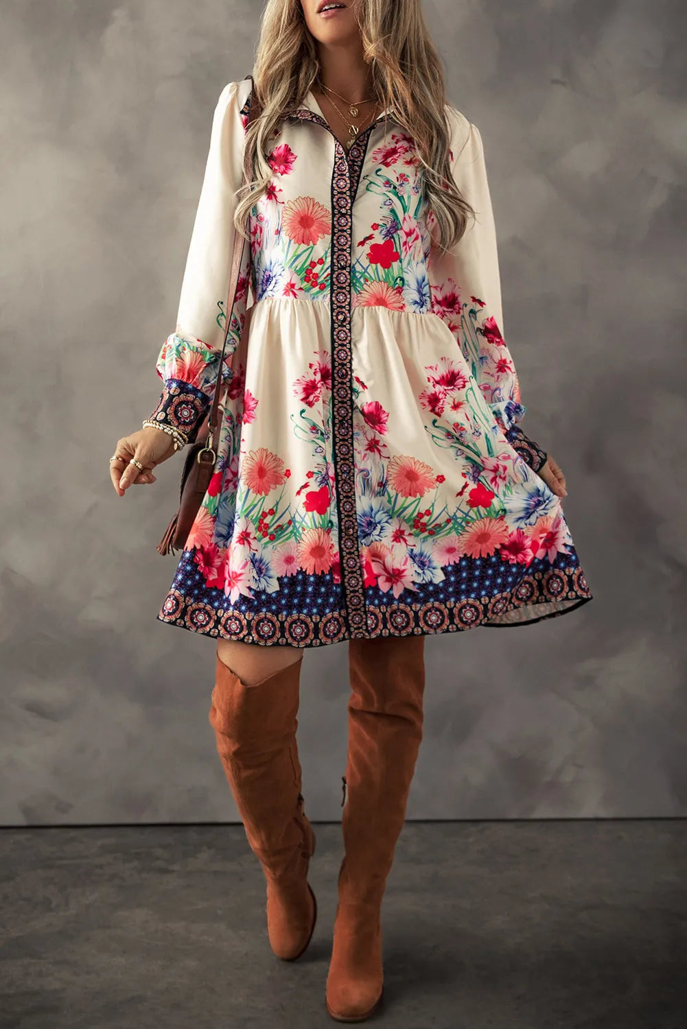 Floral Button Down Lantern Sleeve Dress