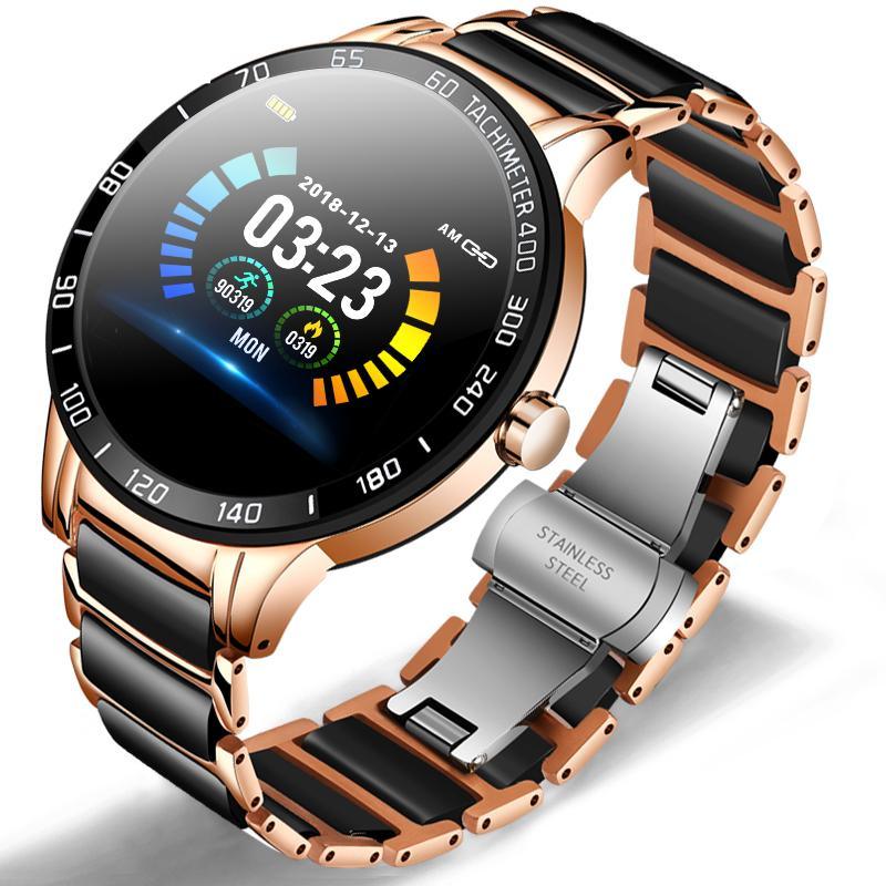 Modern unisex ceramic-style smart watch with heart rate monitor in black