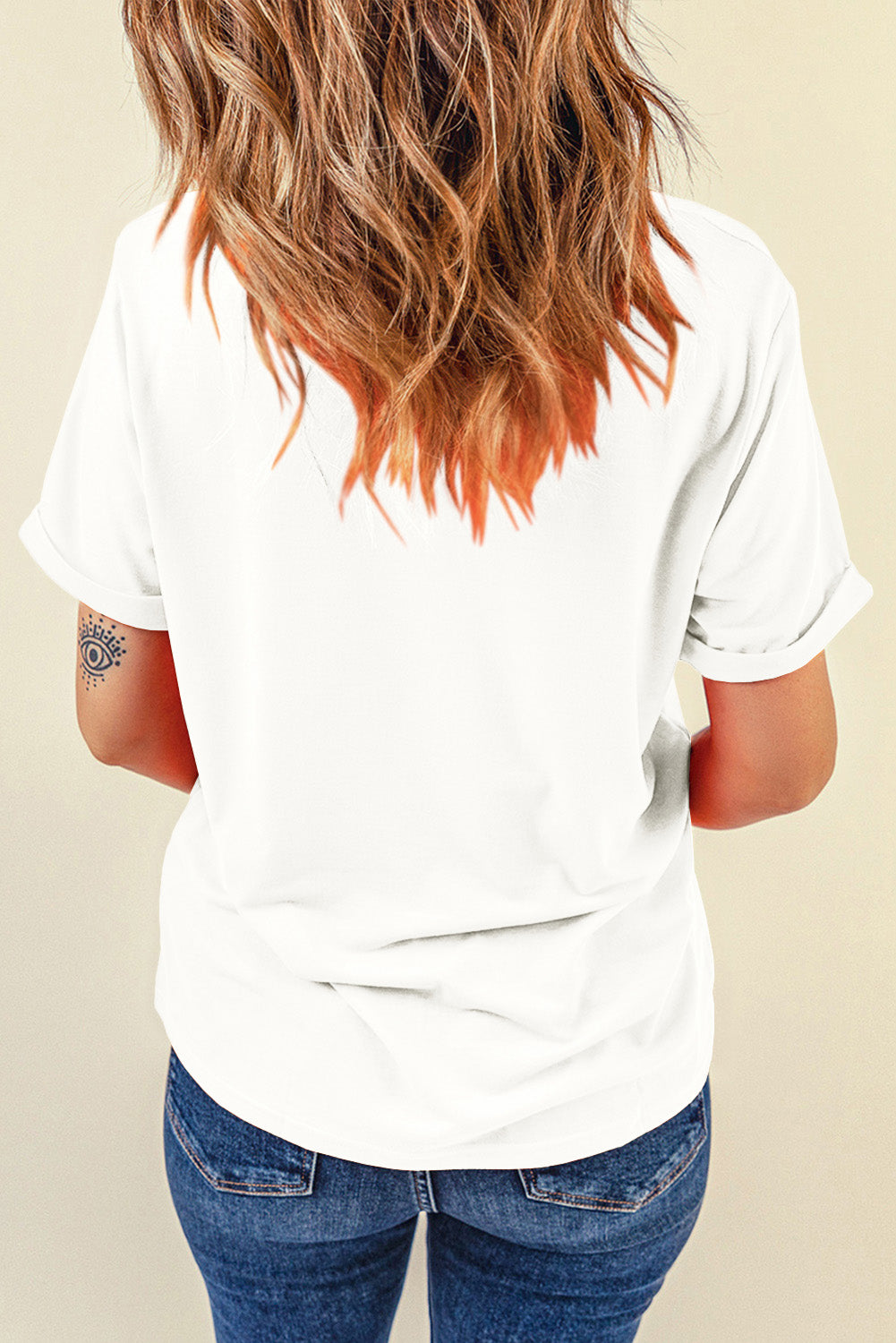White Round Neck Short Sleeve T-Shirt with Patriotic Sequin Stars - Image 2