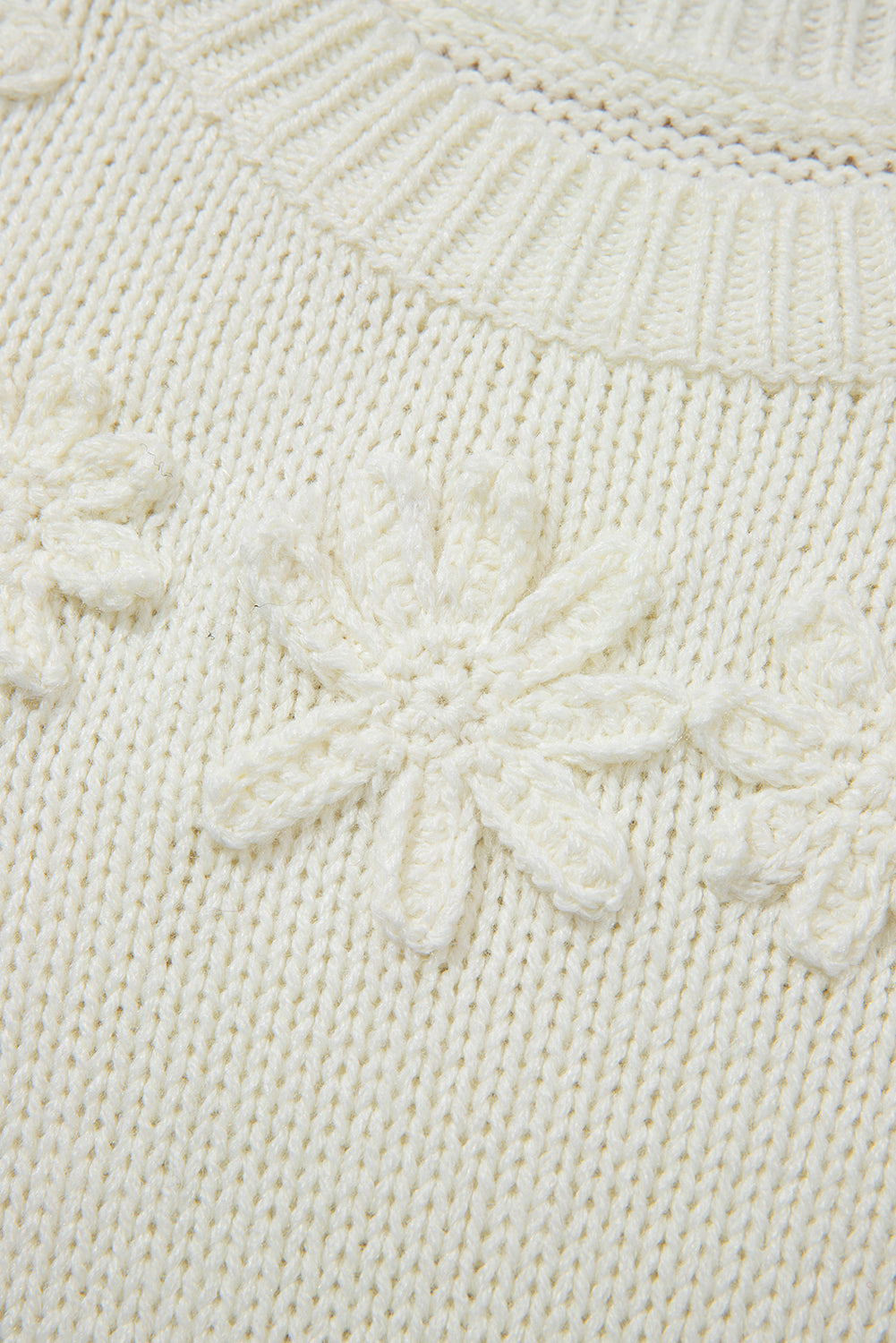 White Textured Puff Sleeve Sweater with Floral Applique Detail - Image 7