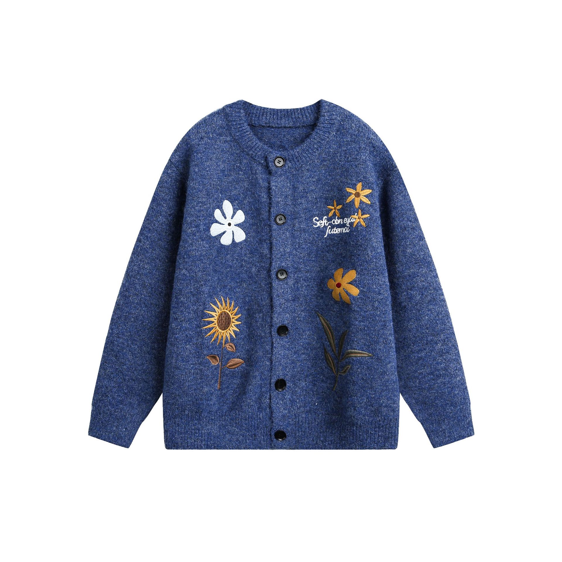 Women’s Grey Retro Floral Embroidered Cardigan Sweater - Image 7