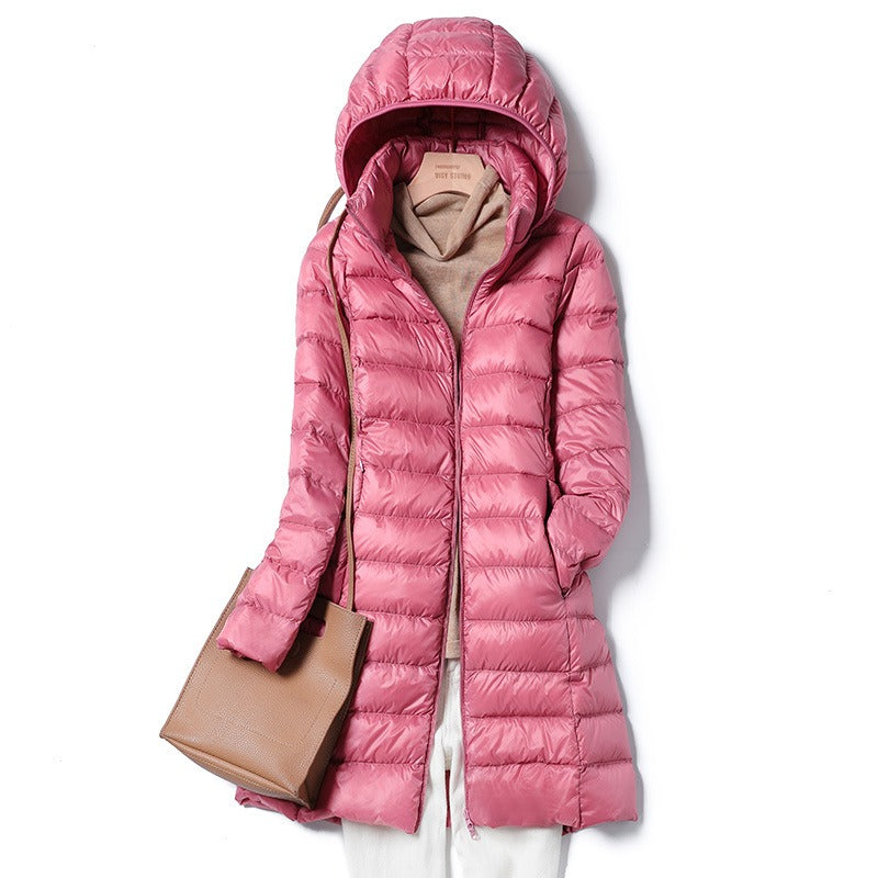 Women's Harajuku oversized mid-length hooded down jacket available in pink and taupe