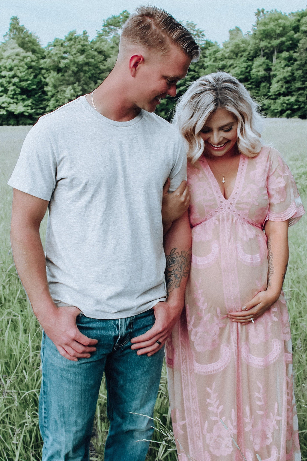 Pink Lace Mesh Overlay Maternity Maxi Dress