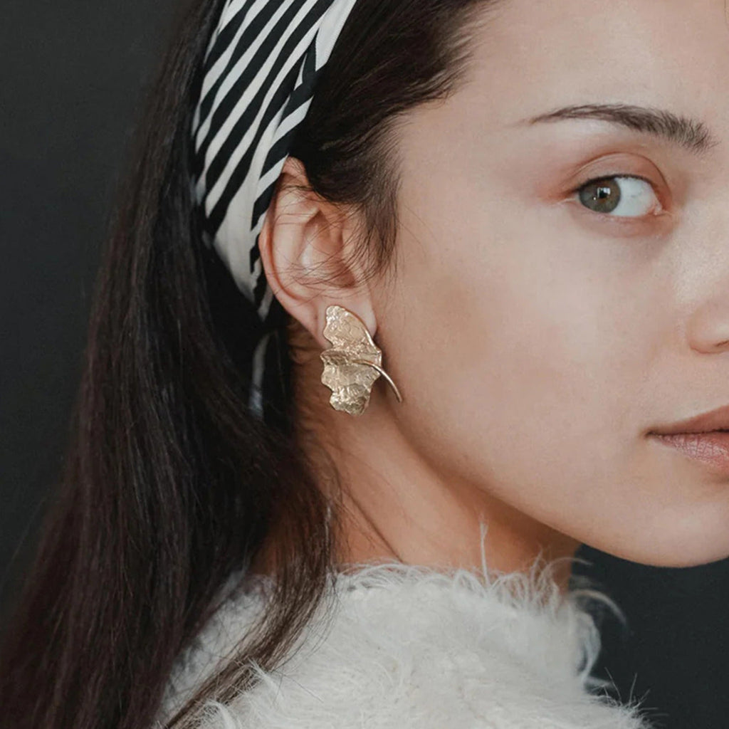 18K gold irregular leaves with texture design simple and unique earring ring set